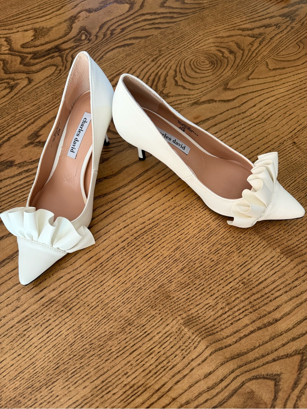 Charles & Keith White Pointed Ruffle Kitten Heels